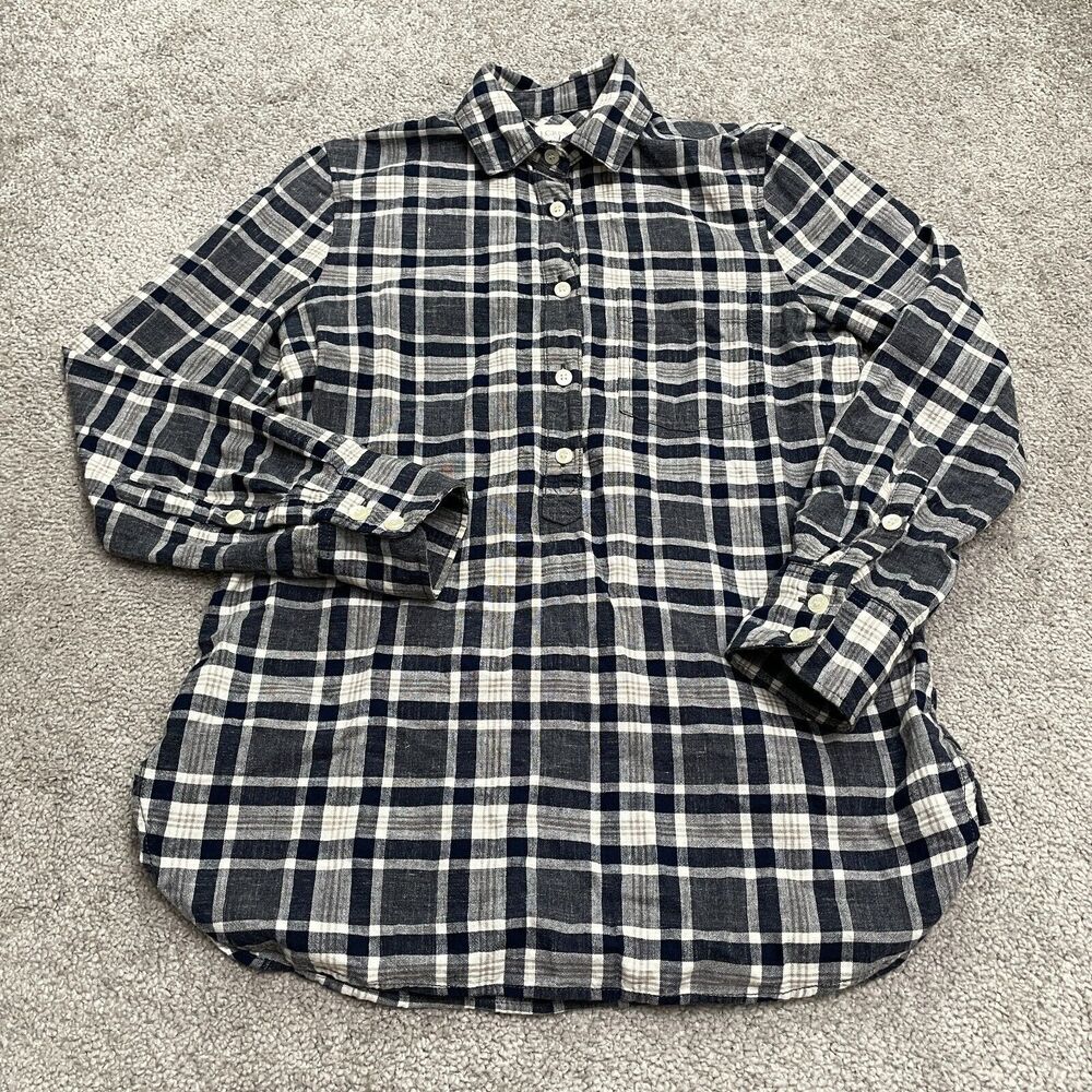 J.Crew Boy Fit Tunic Shirt Womens XXS Petite Blue White Plaid Cotton Casual Top